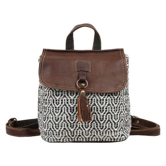 Myra Bag Handmade Leffis Backpack Upcycled Canvas & Cowhide Leather - Picture 1 of 6